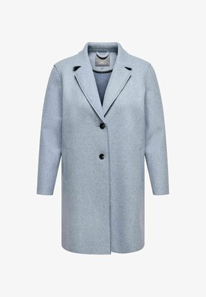 Gaiši zils vilnas maisījuma mētelis ar izšķeltu atloku, vienspiediena aizdari, divām priekšējām kabatām un melnām pogām. Tīra silueta griezums.