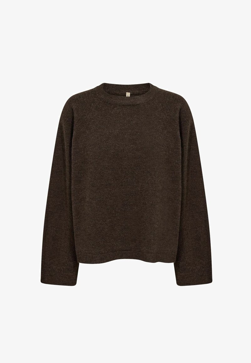 Pull en maille marron foncé avec manches longues et col rond, présenté sur un fond blanc uni.