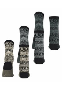 Gestrickte Socken in zwei Farbkombinationen: Schwarz mit grauen und elfenbeinfarbenen Mustern, die geometrische Designs auf einem strukturierten Stoff zeigen, knöchellang.