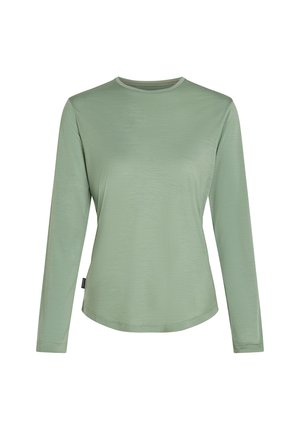 Camicetta a maniche lunghe di colore verde chiaro, realizzata in tessuto morbido, con scollatura rotonda e vestibilità comoda, con orlo leggermente curvo.