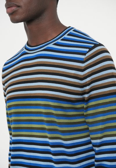 Adīta garroku krekls ar horizontālām svītrām zilā, zaļā, brūnā un melnā krāsā. Raksturo apaļš kakla izgriezums un smalks tekstūras raksts.