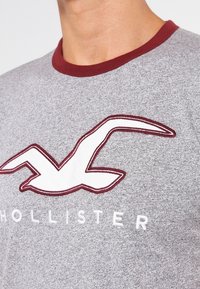 Grå heather t-shirt med rund halsringning och en bordå av mörkröd färg, samt broderad vit mås-logotyp ovanför texten "HOLLISTER" i vit brodering.