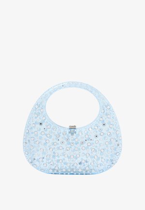 Transluzenter blauer Handtasche mit kreisförmigen Ausschnitten und silbernen Pailletten, ausgestattet mit einem runden Griff und einem metallischen Verschluss.