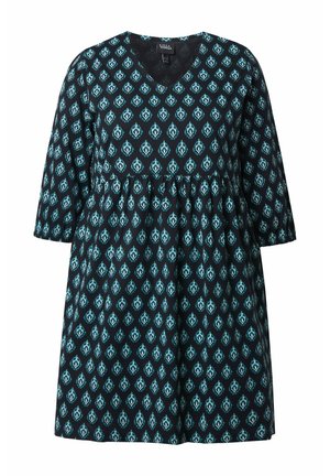 Zwarte tuniek met een V-hals, 3/4 mouwen, met een herhalend turkoois diamantpatroon en een gather taille voor een losse pasvorm.