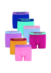 Bunte Baumwoll-Boxershorts in Blau, Grün, Pink, Lila, Orange und Gelb mit elastischen Bündchen und "THREADBARE"-Markenaufdruck.