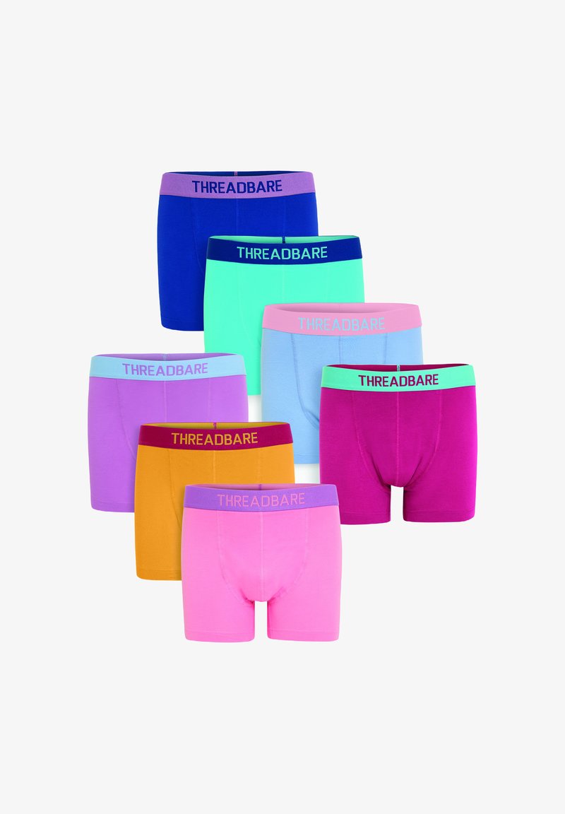 Bunte Baumwoll-Boxershorts in Blau, Grün, Pink, Lila, Orange und Gelb mit elastischen Bündchen und "THREADBARE"-Markenaufdruck.