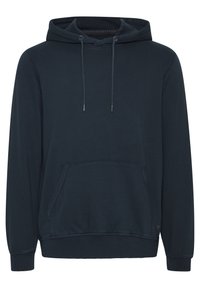 Tums zilas kapuci ar mīkstu audumu, ar kenguru kabatu, regulējamu kapuci, ribotām piedurknēm un apakšu, ar minimālistisku dizainu.