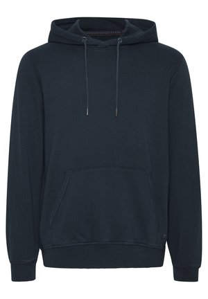 Navy blue hoodie made of soft fabric, featuring a kangaroo pocket, drawstring hood, ribbed cuffs and hem, with minimalistic design.