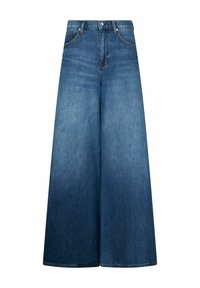 Jean en denim à jambes larges de couleur bleu foncé. Comprend une taille haute, des poches avant et un ourlet propre. Confectionné en tissu denim robuste.