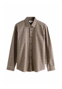 Langärmliges Hemd mit Knopfleiste in einem mehrfarbigen Karomuster, das grüne, rote und weiße Quadrate zeigt; der Kragen ist klassisch mit einem Logo auf der Brust.