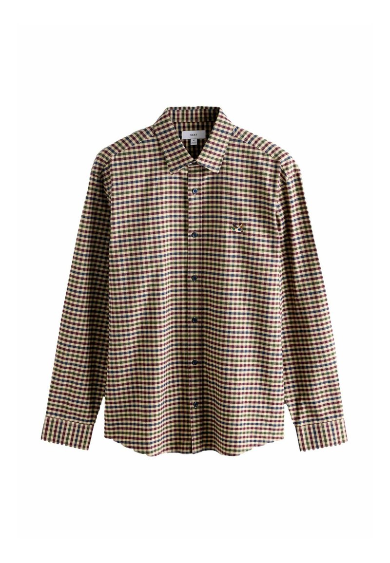Langärmliges Hemd mit Knopfleiste in einem mehrfarbigen Karomuster, das grüne, rote und weiße Quadrate zeigt; der Kragen ist klassisch mit einem Logo auf der Brust.