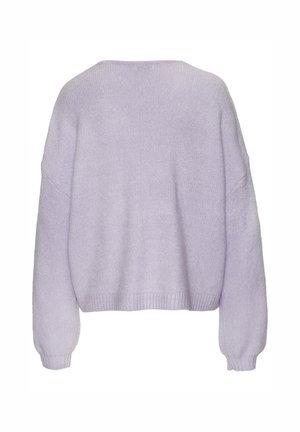 Light lavender knitted sweater with a relaxed fit, dropped shoulders, ribbed cuffs, and hem, featuring a soft, textured fabric.