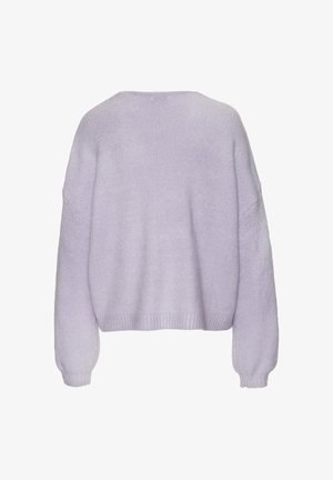 Light lavender knitted sweater with a relaxed fit, dropped shoulders, ribbed cuffs, and hem, featuring a soft, textured fabric.