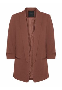 Brun kavaj med en slät textur, öppen front och sjalkrage. Har trekvartsärmar och två sidofickor. Fodrad insida.