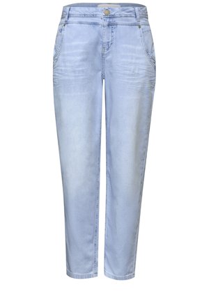 Jean en denim bleu clair avec une taille haute, fermeture à boutons, poches avant, et une coupe décontractée effilée au niveau des jambes.