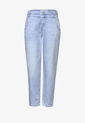 Jean en denim bleu clair avec une taille haute, fermeture à boutons, poches avant, et une coupe décontractée effilée au niveau des jambes.