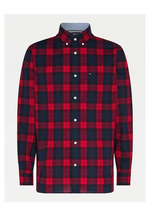 Langarm-Hemd mit Knopfleiste, rot-dunkelblau kariertem Muster und Kentkragen mit Knopfverschluss.