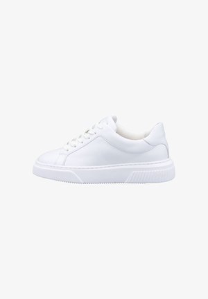 White athletic shoes with a smooth leather upper, flat lace closure, padded collar, and textured rubber outsole with ridges.