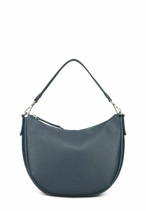 Sac à main en cuir de couleur vert sarcelle foncé, de forme demi-lune avec une surface texturée, doté d'une seule bandoulière et d'accents en métal argenté.