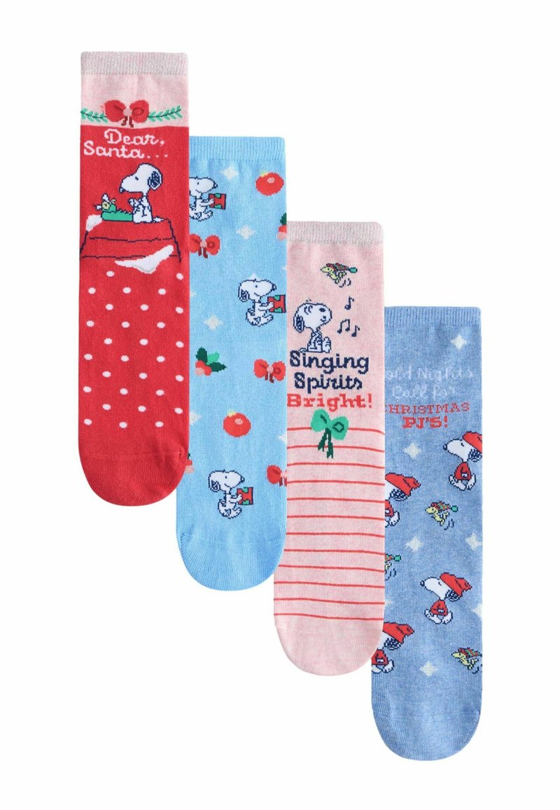 Four pairs of socks: red with white polka dots and Snoopy, light blue with holiday decorations, pink striped with text, and blue with Snoopy illustrations.