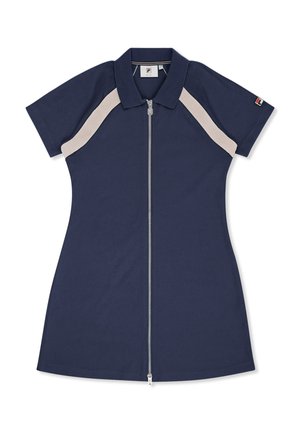 Marineblå kortærmet kjole med beige skulderstriber, lynlås foran, krave og lille logopatch på venstre ærme.