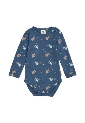 Blauer langärmliger Baby-Body mit Druckknöpfen und einem Muster aus kleinen braunen und hellblauen geflügelten Hunden mit weißen Punkten.