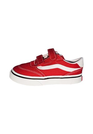 Sneaker bassa rossa e bianca con due cinturini in velcro e suola in gomma bianca, mostrata di profilo su sfondo bianco.