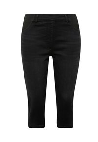 Vaqueros negros cortos con una textura de denim suave y una cinturilla elástica. Cuenta con dos bolsillos frontales y un diseño ajustado.