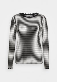 Schwarz-weiße, horizontal gestreifte Bluse mit langen Ärmeln und gewellten Kanten am Kragen und an den Manschetten, Größe S.