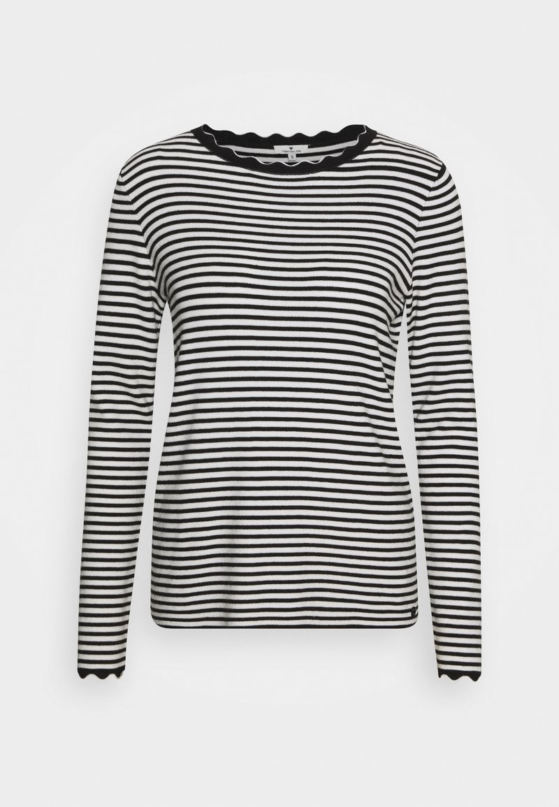 Schwarz-weiße, horizontal gestreifte Bluse mit langen Ärmeln und gewellten Kanten am Kragen und an den Manschetten, Größe S.