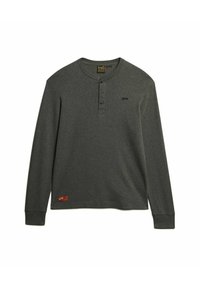 Langärmliges, dunkelgraues Henley-Shirt aus weichem Stoff. Verfügt über eine Knopfleiste, gerippte Bündchen und ein kleines Logo auf der Brust.