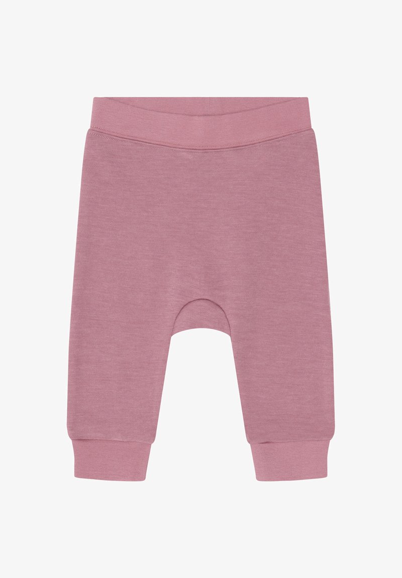 Leggings pour bébé de couleur rose doux avec taille élastique et chevilles côtelées, fabriqués en tissu lisse pour le confort et la flexibilité.