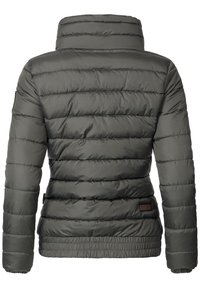 Veste matelassée gris foncé avec col montant, manches longues et taille élastique vue de dos.