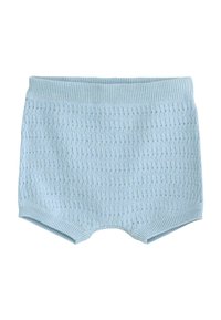 Shorts en maille bleu clair avec un motif texturé, une taille élastique et des ouvertures arrondies aux jambes pour un ajustement confortable.