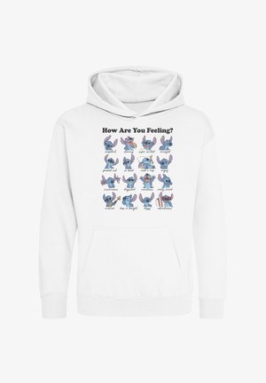 Weißer Hoodie mit einem Grafikdesign, das verschiedene Gesichtsausdrücke einer Cartoonfigur zeigt, beschriftet mit "Wie fühlst du dich?" in einem Rasterlayout.
