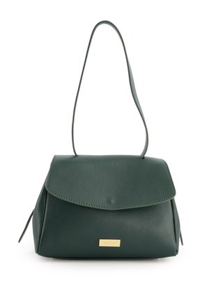 Dark green leather handbag with a fold-over flap, a gold logo accent, and a single adjustable strap. Features textured surface and compact shape.