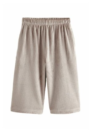 Short beige en tissu côtelé jusqu’aux genoux, avec taille élastique, coupe décontractée et pas de poches visibles.