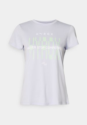 Light gray short-sleeve t-shirt made from soft material featuring "HYROX" text and graphic pattern in green and white on the front.