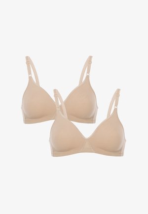 Set di bralette in cotone beige, caratterizzato da una forma a triangolo, spalline regolabili e texture morbida. Include due pezzi coordinati.