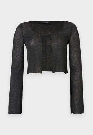 Cardigan noir transparent court à manches longues avec fermetures à nouer à l'avant et encolure dégagée, par Even&Odd.