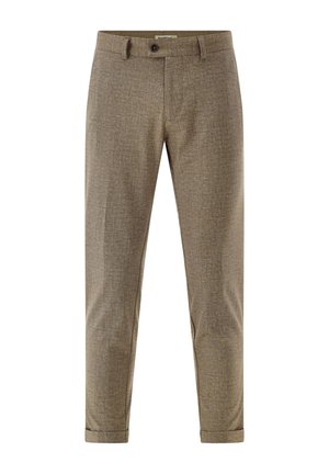 Light brown slim-fit men's trousers with belt loops, front button, zip fly, side pockets, and cuffed hems.