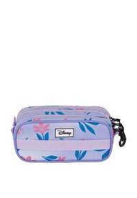 Trousse à crayons à motifs floraux violets avec trois zips, présentant des fleurs roses et des feuilles vertes. Comprend une étiquette blanche avec le texte "Disney".