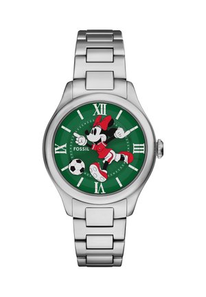 Orologio da polso in argento con quadrante verde raffigurante Minnie Mouse in tenuta rossa da calcio che calcia un pallone da calcio bianco e nero.