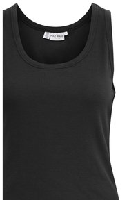 Débardeur noir côtelé sans manches avec encolure arrondie et étiquette Pulz Jeans en taille petite.