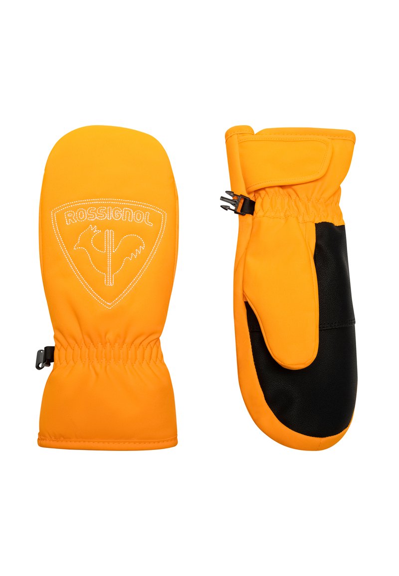 Orangene wasserdichte Handschuhe mit schwarzen Lederakzenten, elastischen Handgelenkbündchen und dem in weißer Stickerei aufgetretenen Rossignol-Logo.