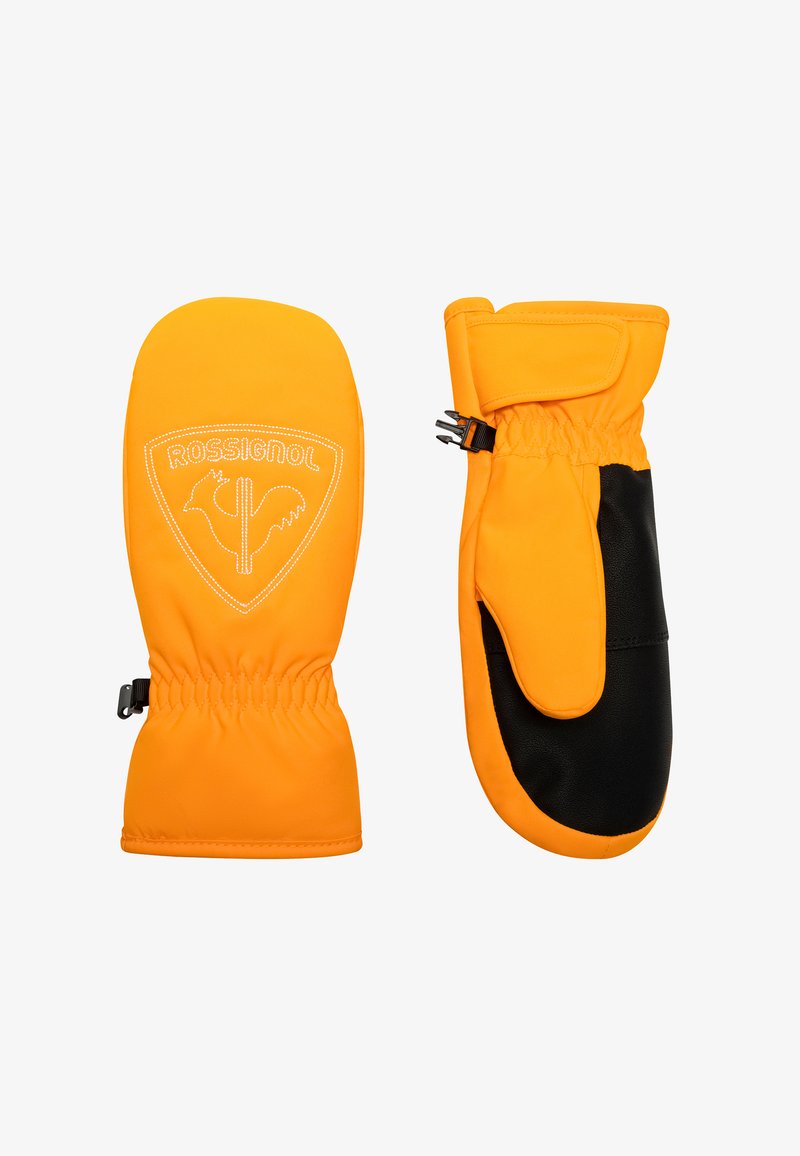 Orange vattentäta vantar med svarta läderdetaljer, elastiska handledsmuddar och Rossignol-logotypen broderad med vit sömnad.