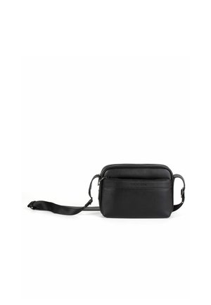 Black leather crossbody bag with front zipper pocket, adjustable strap, and textured finish on white background.