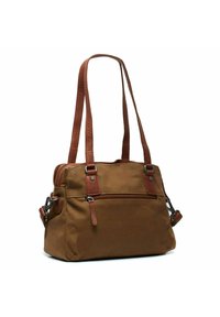 Borsa a tracolla in tela marrone con accenti in pelle. Presenta due tracolle, una chiusura zip e una tasca frontale. Forma rettangolare, superficie testurizzata.