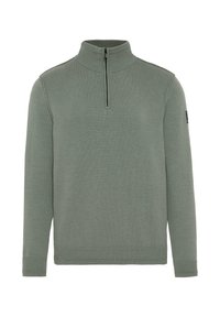 Grüner Strickpullover mit hohem Kragen, halblangem Reißverschluss auf der Vorderseite, gerippten Bündchen und Saum; verfügt über ein schwarzes Logo-Patch am Ärmel.