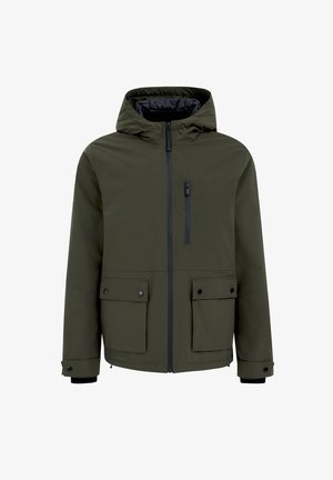 Olivgrüne Kapuzenjacke mit Reißverschluss, zwei Fronttaschen und schwarzen Akzenten. Hergestellt aus glattem, wasserabweisendem Material.